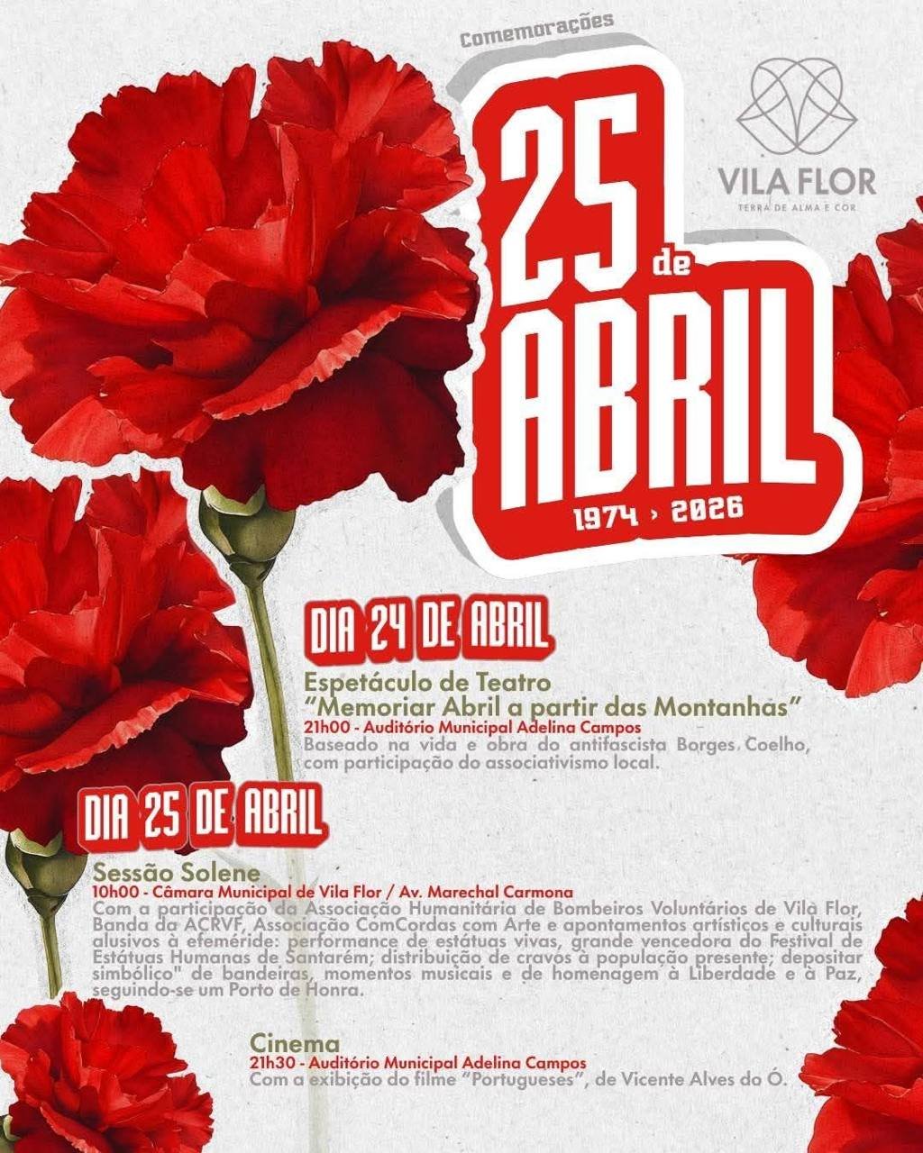 Cartaz Comemorações do 25 de Abril 2026 - Vila Flor