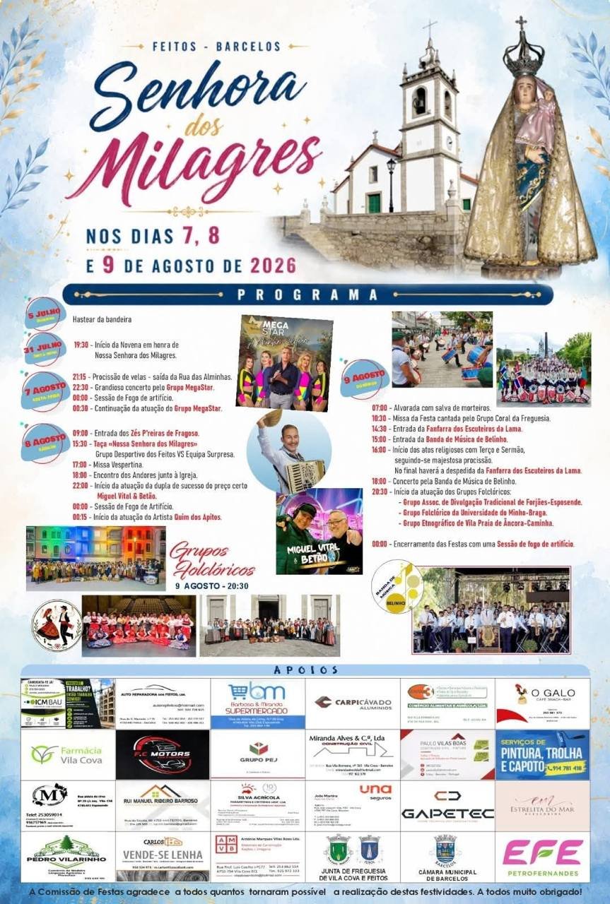 Cartaz Festa em honra de Nossa Senhora dos Milagres 2026 - Feitos
