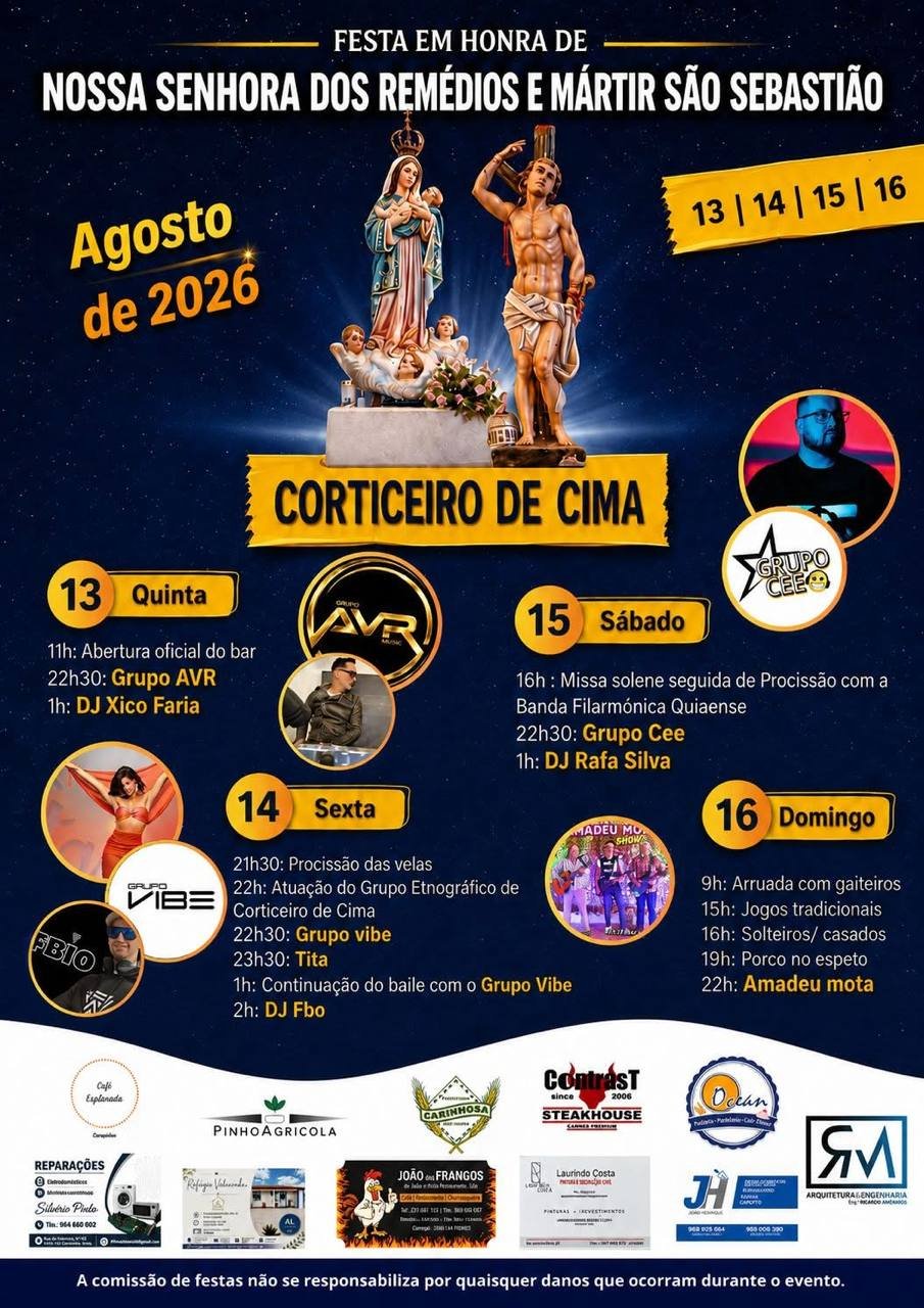 Cartaz Festa em honra de Nossa Senhora dos Remédios e Mártir São Sebastião 2026 - Corticeiro de Cima