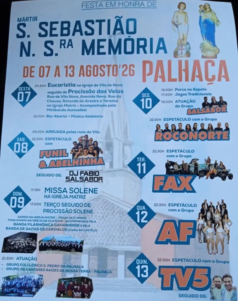 Cartaz Festa em honra de São Sebastião e Nossa Senhora da Memória 2026 - Palhaça