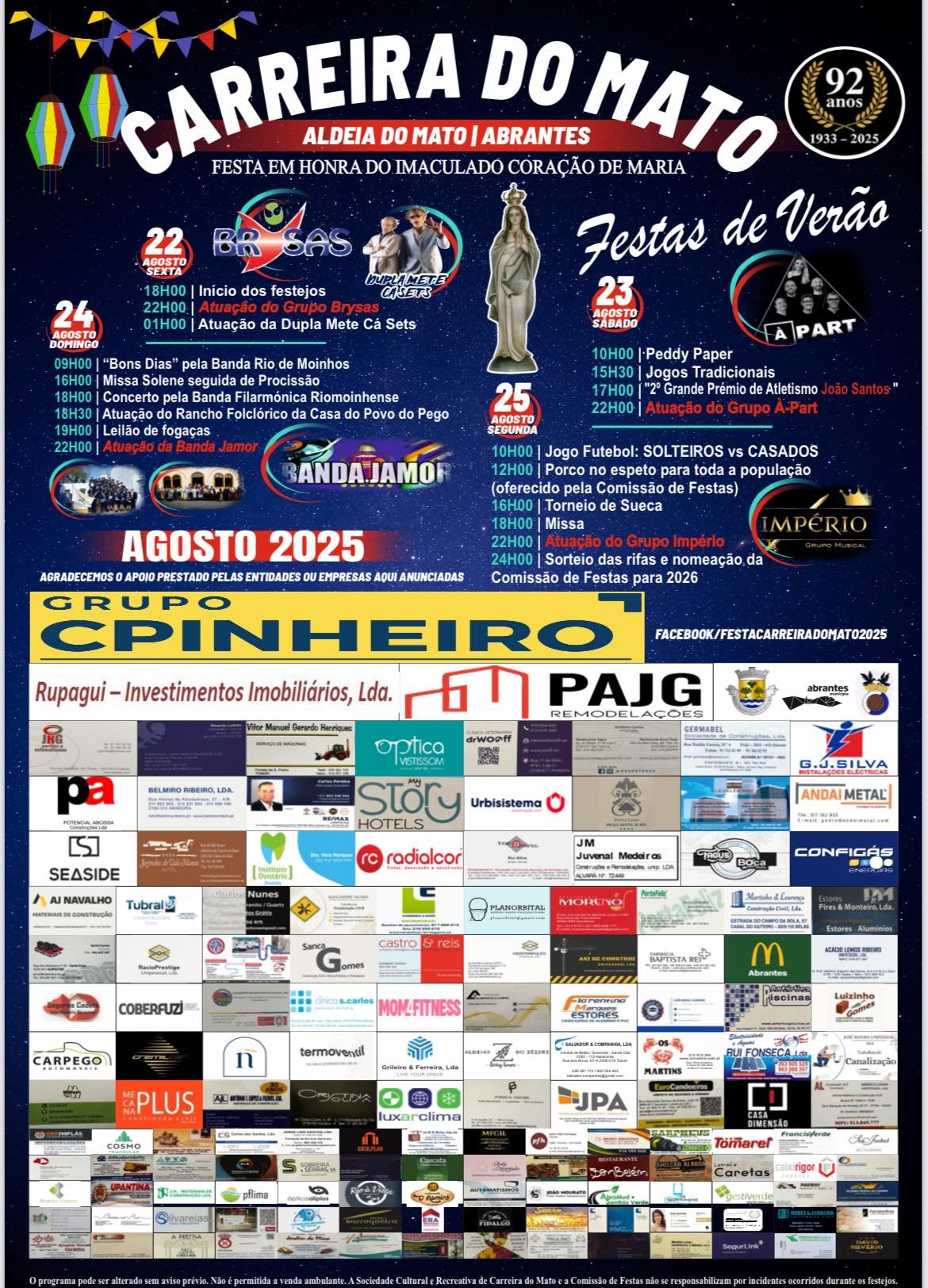 Cartaz Festa em Honra do Imaculado Coração de Maria 2025 - Carreira do Mato