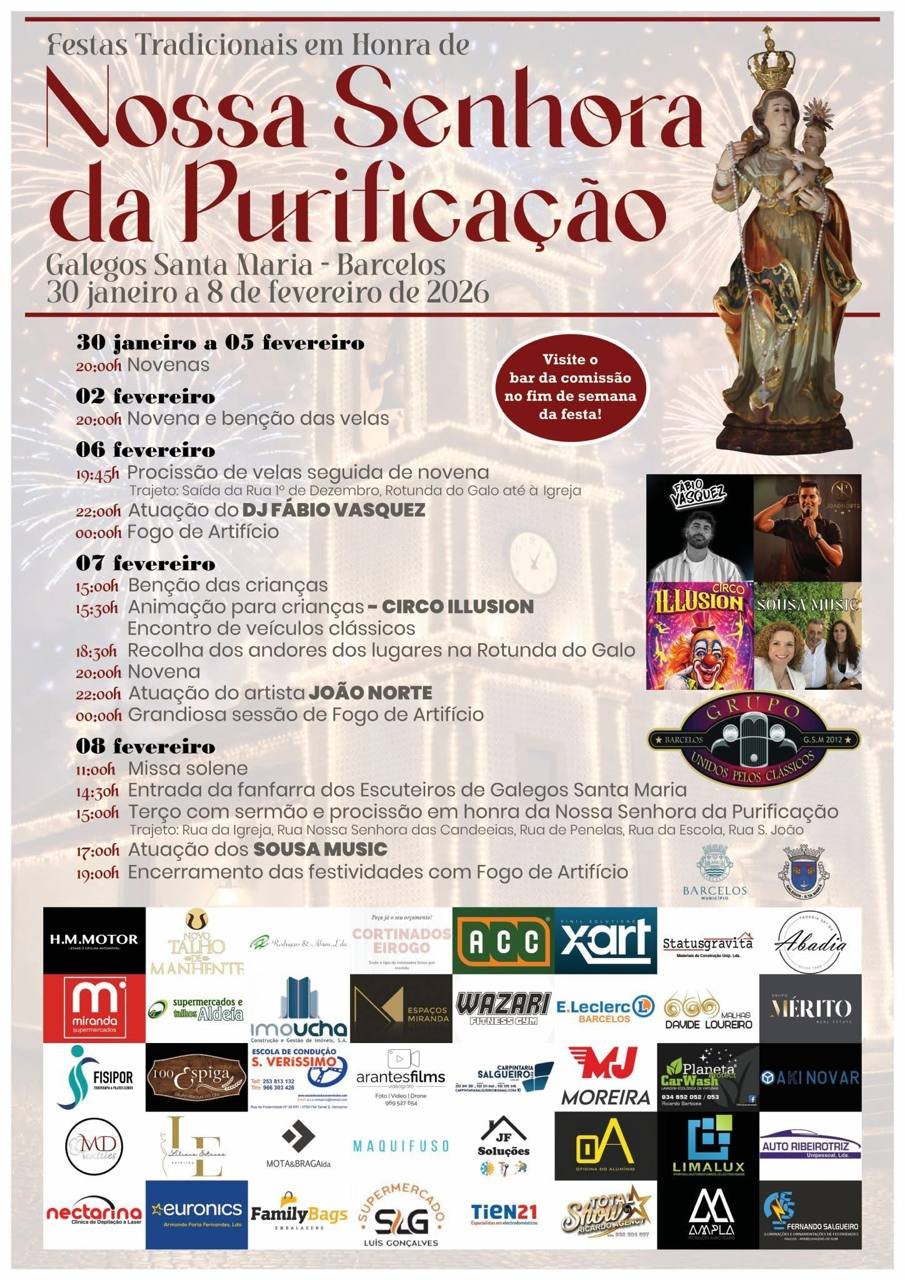 Cartaz Festas de Nossa Senhora da Purificação 2026 - Galegos Santa Maria