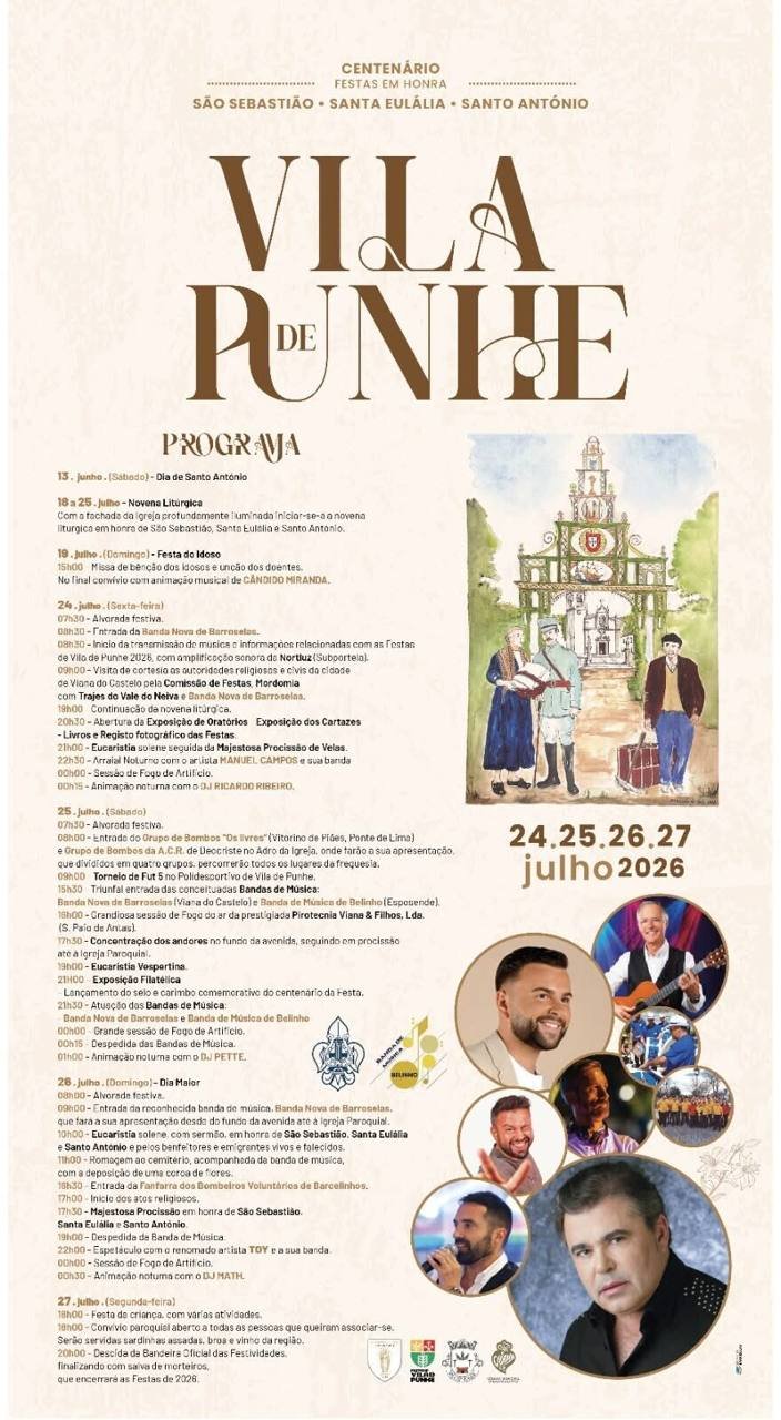 Cartaz Festas de São Sebastião, Santa Eulália e Santo António 2026 - Vila de Punhe