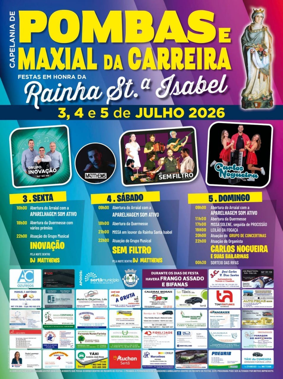 Cartaz Festas em honra da Rainha St.ª Isabel 2026 - Pombas e Maxial da Carreira