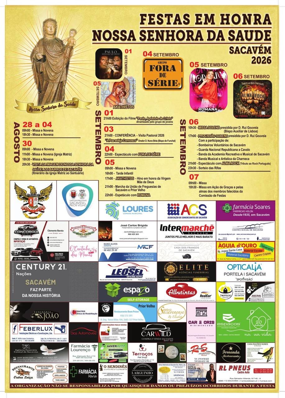 Cartaz Festas em honra de Nossa Senhora da Saúde 2026 - Sacavém