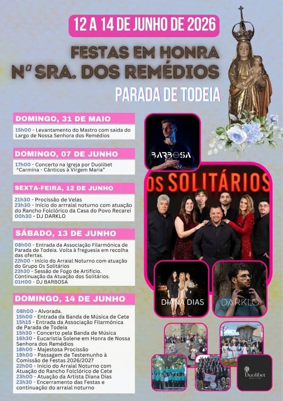 Cartaz Festas em honra de Nossa Senhora dos Remédios 2026 - Parada de Todeia
