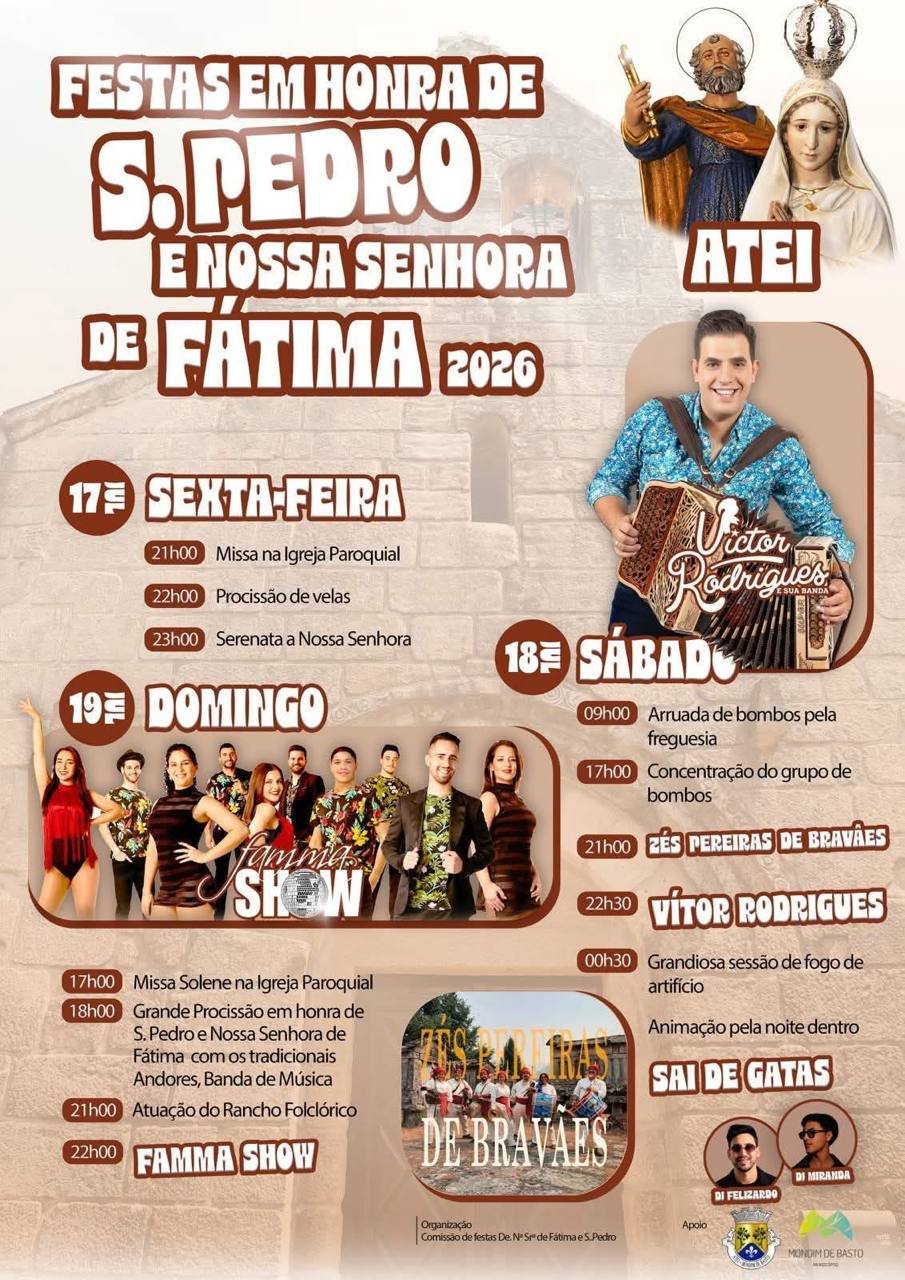 Cartaz Festas em honra de S. Pedro e Nossa Senhora de Fátima 2026 - Atei