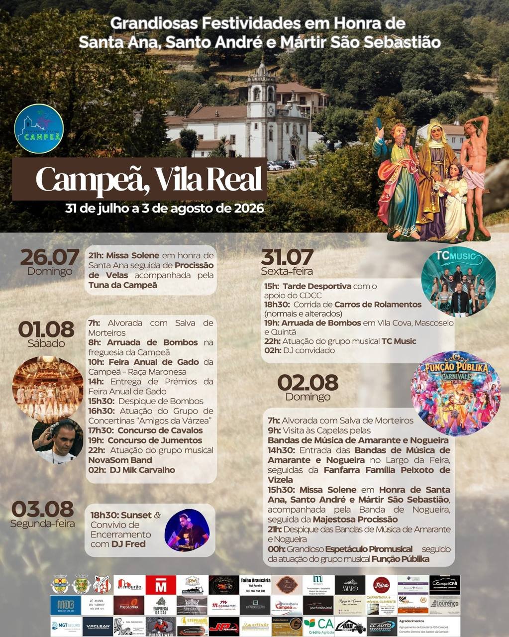 Cartaz Grandiosas Festividades em Honra de Santa Ana, Santo André e Mártir São Sebastião 2026 - Campeã