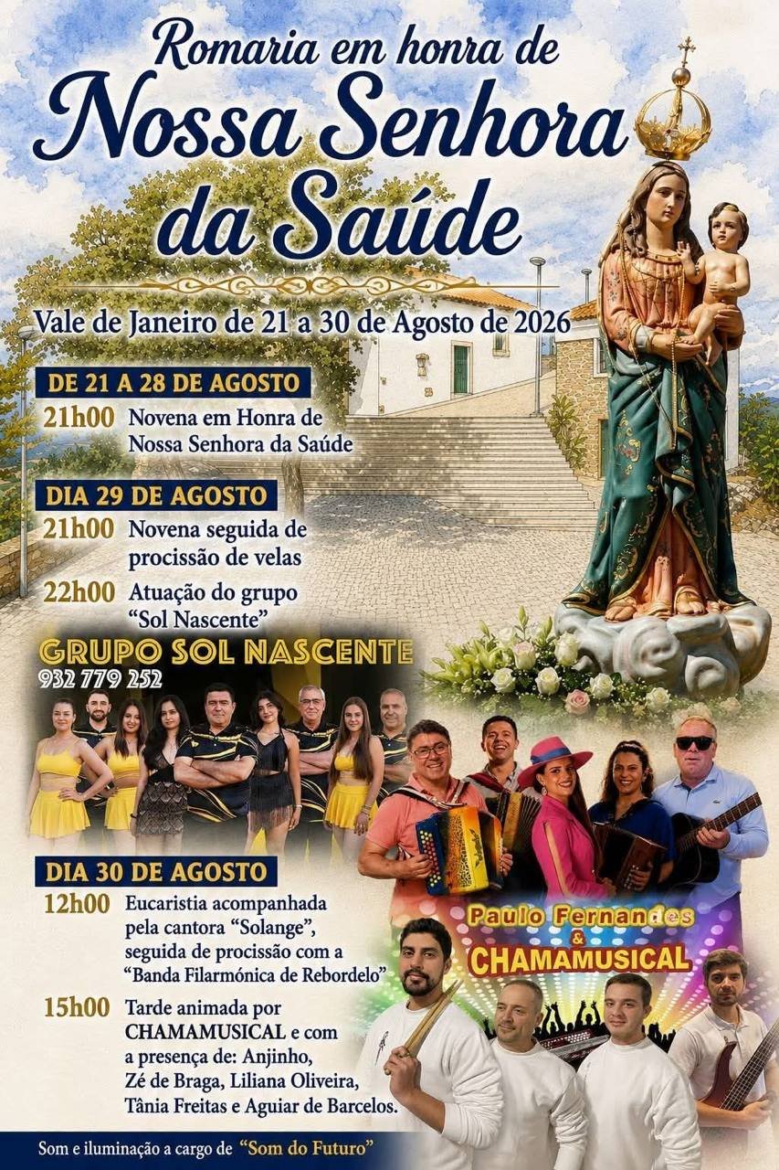 Cartaz Romaria em honra de Nossa Senhora da Saúde 2026 - Vale de Janeiro